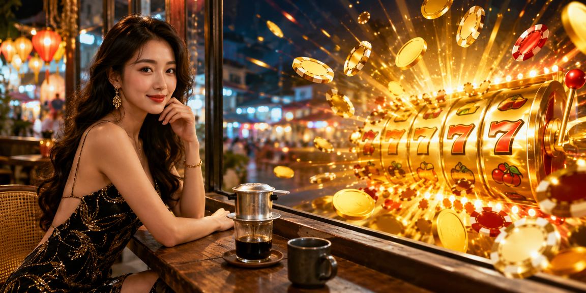 Người chơi tại Nha Trang trải nghiệm slot game trực tuyến trên điện thoại trong quán cà phê ven biển